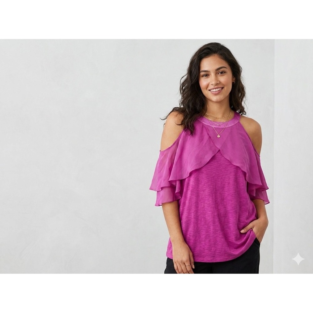 Lane Bryant Womens Cold Shoulder Ruffle Top Purple Magenta Size 14/16 NEW